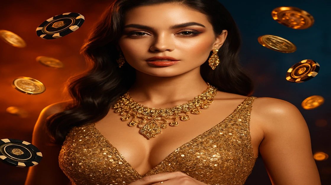 ek33–চালিত এক বিস্ময়কর নারী, স্বর্ণালী পোশাক ও জহর পরা, জ্বলন্ত আলোয় ঘেরা একটি গেমিং প্ল্যাটফর্মের জাঁকজমকপূর্ণ পরিবেশে অবস্থান করছেন।