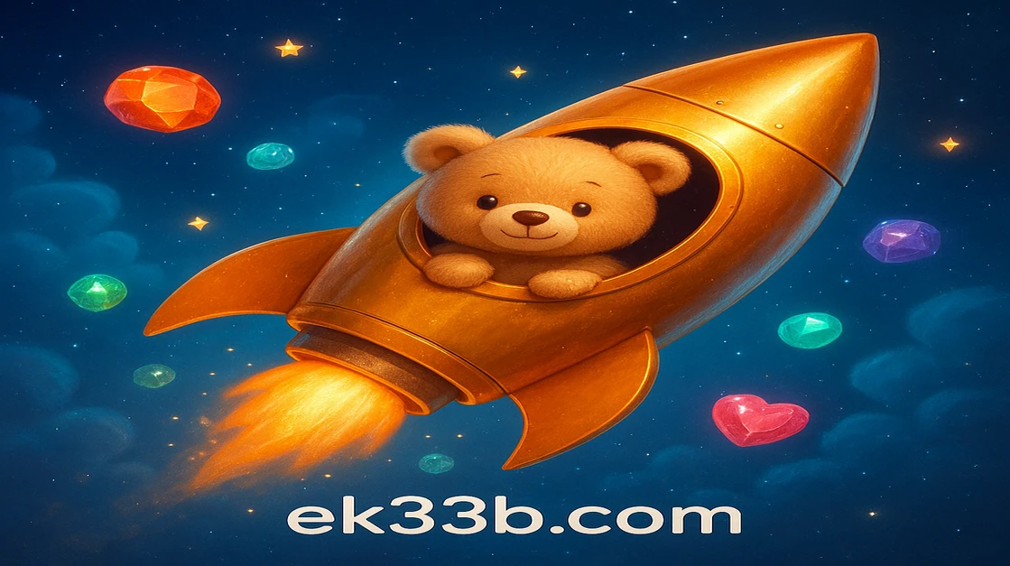 ek33 প্ল্যাটফর্মে একটি আদুরে জেলি ভালুক সোনালি রকেটে উৎক্ষেপিত হচ্ছে, চারপাশে রঙিন ক্যান্ডি ও মেঘে ভরা জাদুকরী আকাশ।