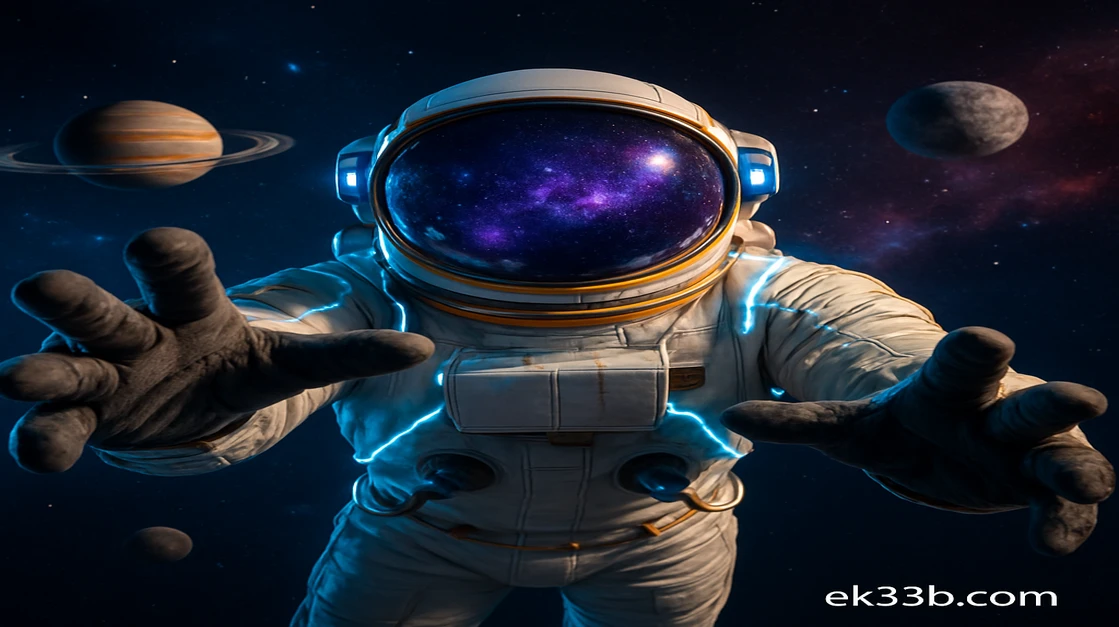 ek33-র গেমিং প্ল্যাটফর্মে একজন বীর নভোচারী মহাশূন্যে ভাসছেন, হেলমেটে গ্যালাক্সিগুলোর প্রতিচ্ছবি প্রতিফলিত হচ্ছে এবং পটভূমায় গ্রহগুলো কক্ষপথে ঘুরছে।
